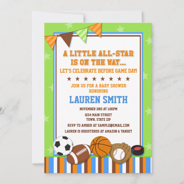 Carte d'invitation de Baby shower sportif All-Star (Devant)