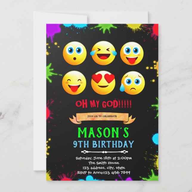 Carte d'invitation de fête d'anniversaire Emoji (Devant)