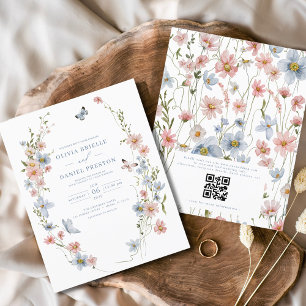 Carte d'invitation de mariage à code QR avec fleur