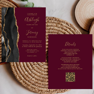 Carte d'invitation de mariage à code QR Burgundy B