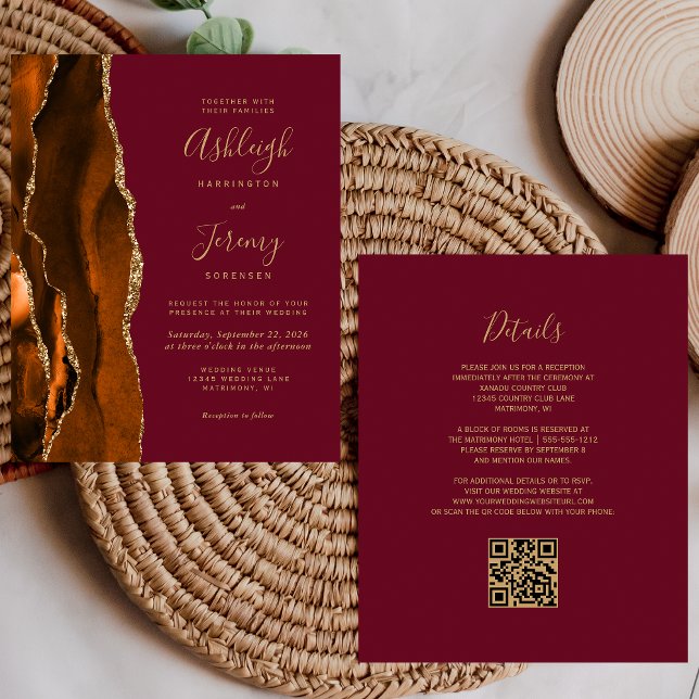 Carte d'invitation de mariage à code QR Burgundy G (Créateur téléchargé)