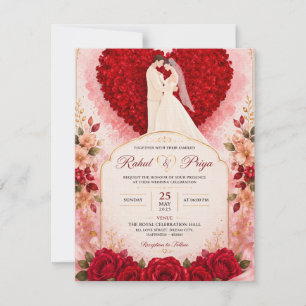 Carte d'invitation de mariage au cœur de roses rou