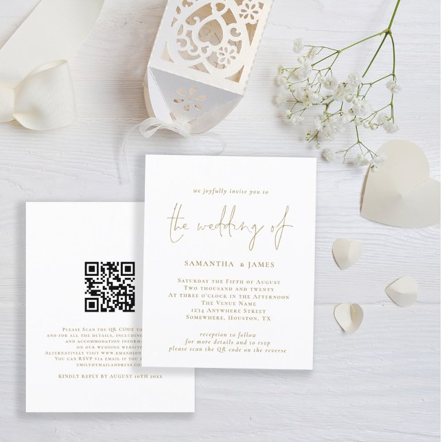 Carte d'invitation de mariage blanche dorée avec c (Front and back view. Budget price smaller invitation. Part of a matching wedding suite.)