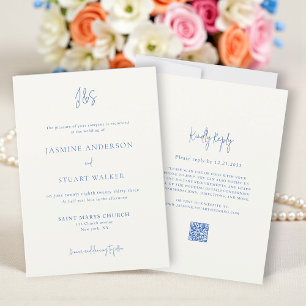 Carte d'invitation de mariage bleu crème moderne a
