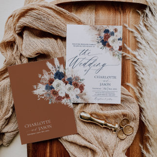 Carte d'invitation de mariage Boho Rust Navy pour