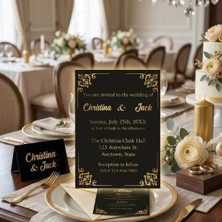 Carte d'invitation de mariage élégante noire et or