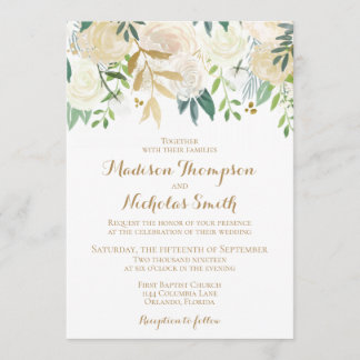 Carte d'invitation de mariage Fleur Or et Blanc