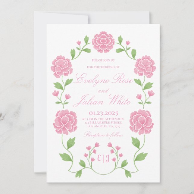 Carte d'invitation de mariage floral rose romantiq (Devant)