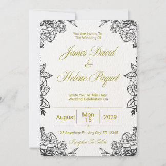 Carte d'invitation de mariage florale noire et dor