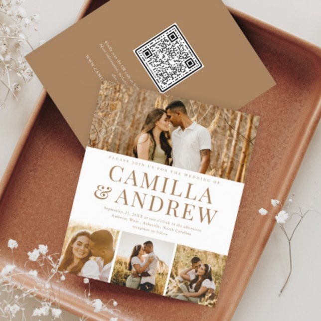 Carte d'invitation de mariage moderne à budget ave (A modern typography 4 photo wedding invitation with QR Code RSVP on the back.)