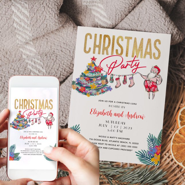 Carte d'invitation de Noël tropical Père Noël (Tropical Christmas Party Invitation)