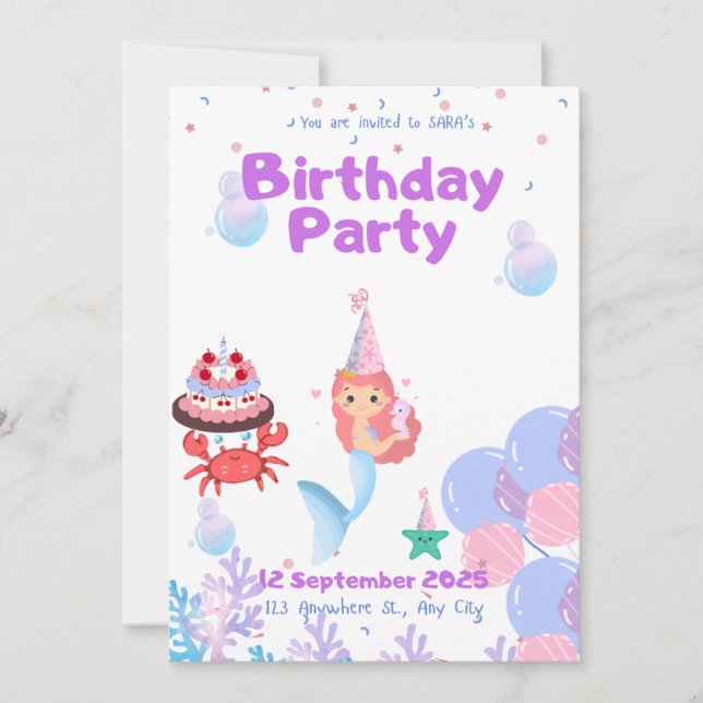 carte d'invitation de sirène anniversaire de Sara (Devant)