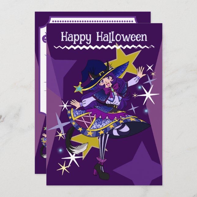 Carte d'invitation de sorcière Neko pour Halloween (Devant / Derrière)