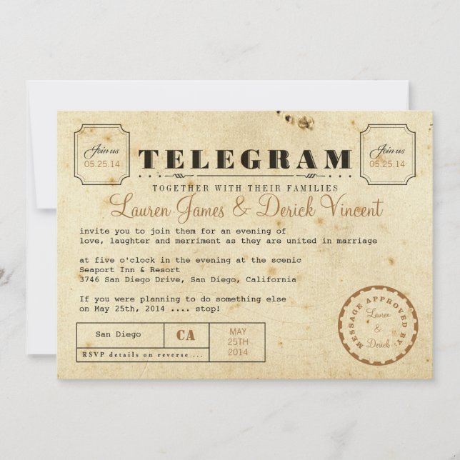 Carte d'invitation de télégramme Vintage (Devant)