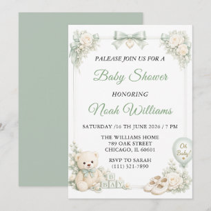 Carte d'invitation élégante de baby shower vert sa