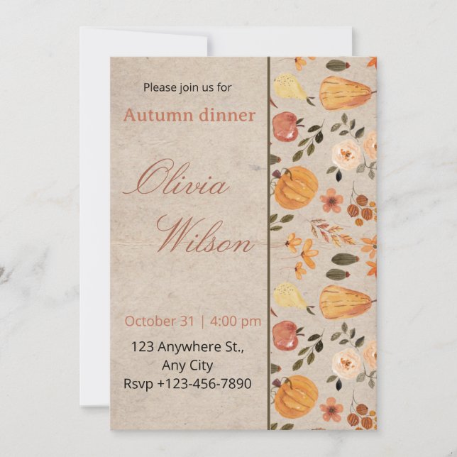 Carte d'invitation élégante pour dîner en automne (Devant)
