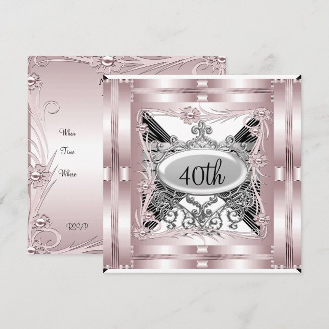 Carte d'invitation fête d'anniversaire 40 ans rose (Devant / Derrière)