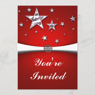 Carte d'invitation Fête Rouge Étoiles d'Argent