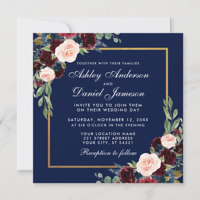 Carte d'invitation Floral Blue Burgundy Gold Weddi (Devant)