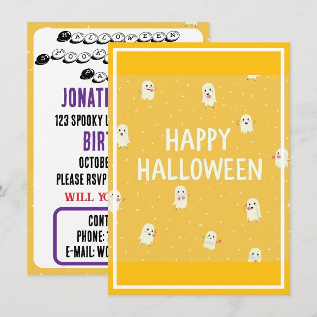 Carte d'invitation Halloween avec de mignons fantô (Devant / Derrière)