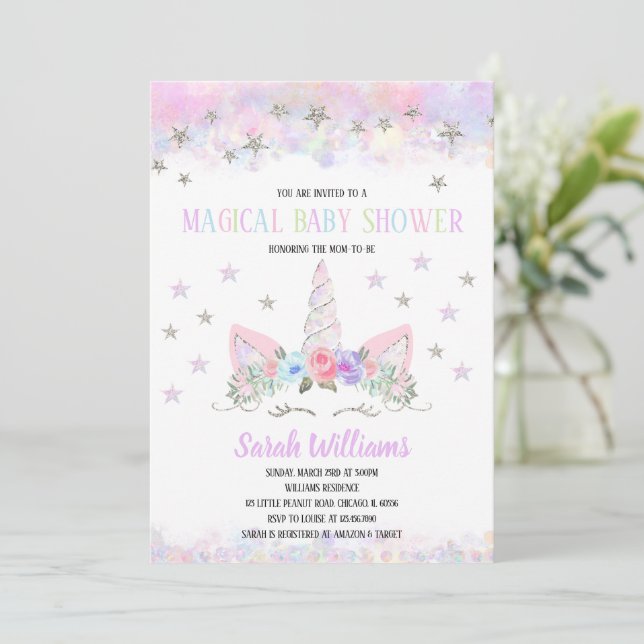 Carte d'invitation Licorne Arc-en-Ciel Baby Shower (Debout devant)