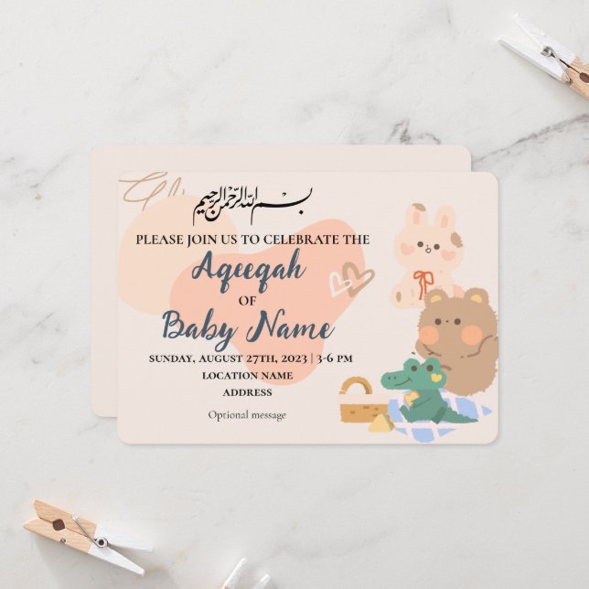 Carte d'invitation moderne Neutre Musulmane Aqiqah (Devant/Arrière en situation)