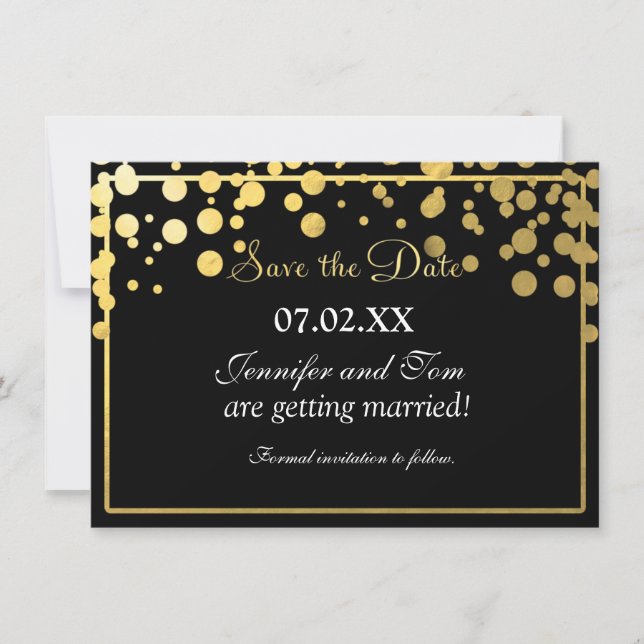 Carte d'invitation noire avec confettis en feuille (Devant)