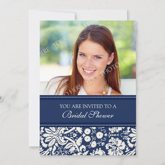Carte d'invitation photo Blue Damask Bridal Shower (Devant)
