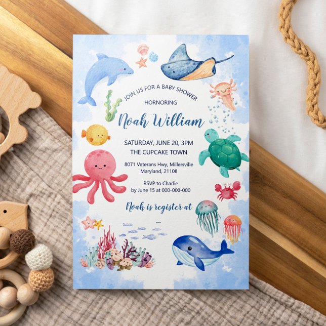 Carte d'invitation pour Baby shower animal d'océan (Créateur téléchargé)