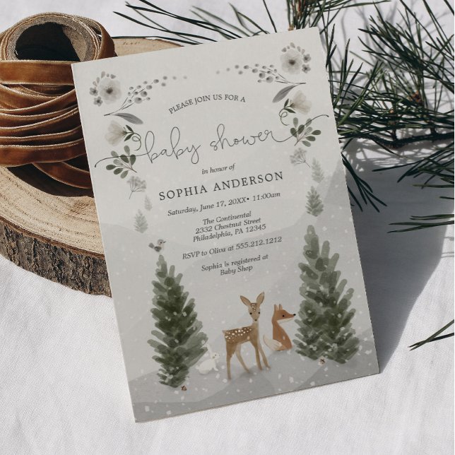 Carte d'invitation pour Baby shower Boho Woodland  (Winter Boho Woodland Baby Shower Invitation)