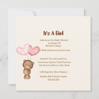 Carte d'invitation pour Baby Shower Fille Ours