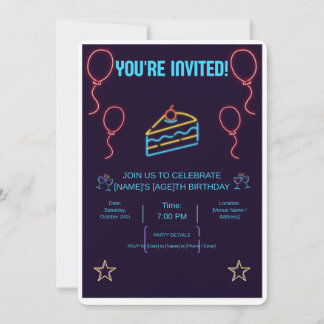 Carte d'invitation pour gâteau d'anniversaire néon