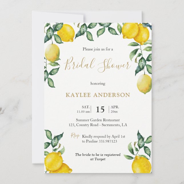 Carte d'invitation pour la douche nuptiale Lemons (Devant)