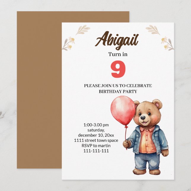 carte d'invitation pour la fête d'anniversaire de  (Devant / Derrière)