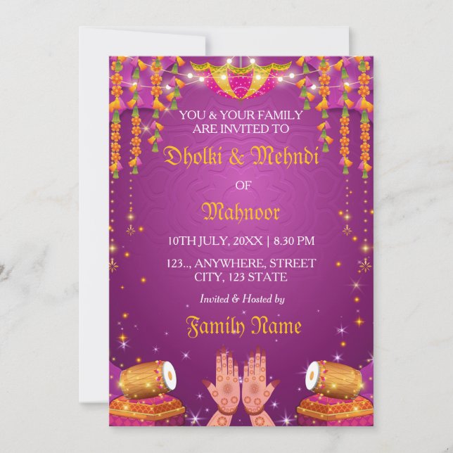 Carte d'invitation pour la soirée Dholki et Mehndi (Devant)