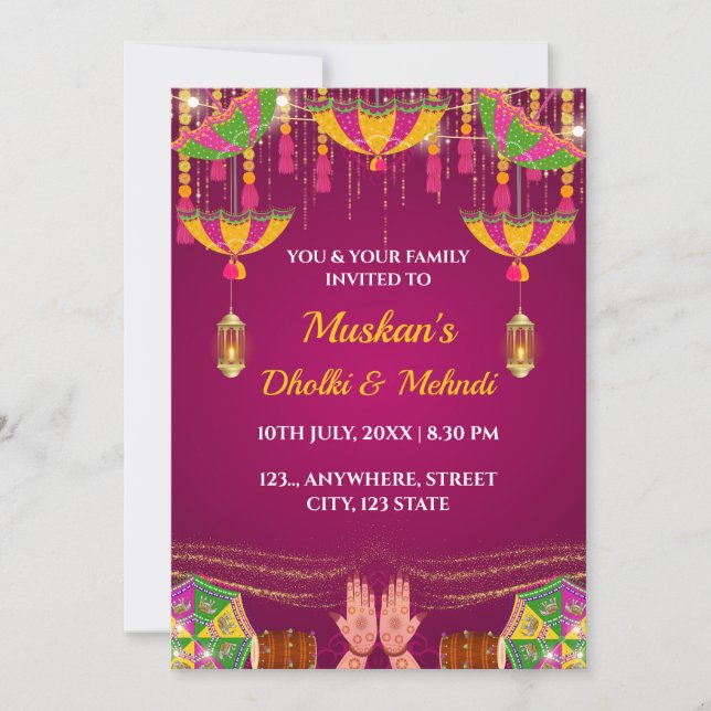 Carte d'invitation pour la soirée Dholki & Mehndi (Devant)