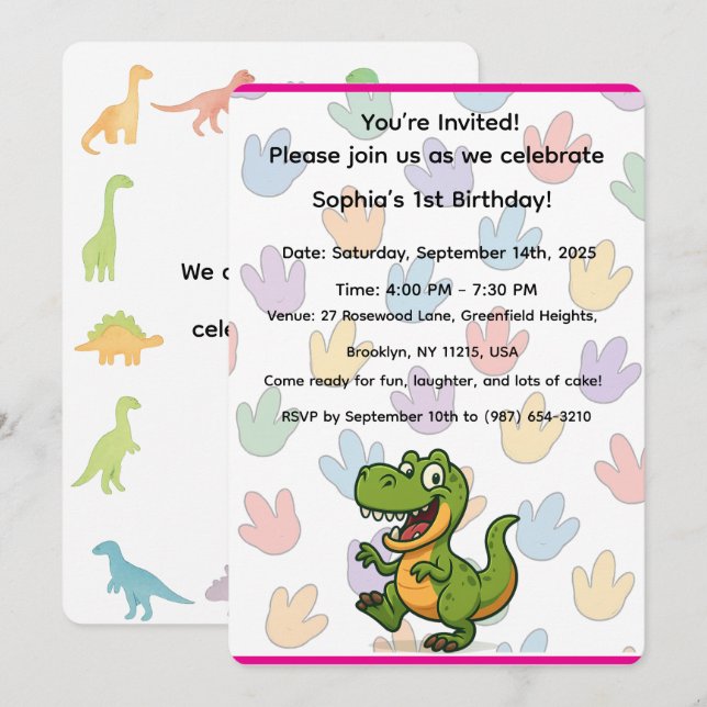 Carte d'invitation pour l'anniversaire de Dinosaur (Devant / Derrière)