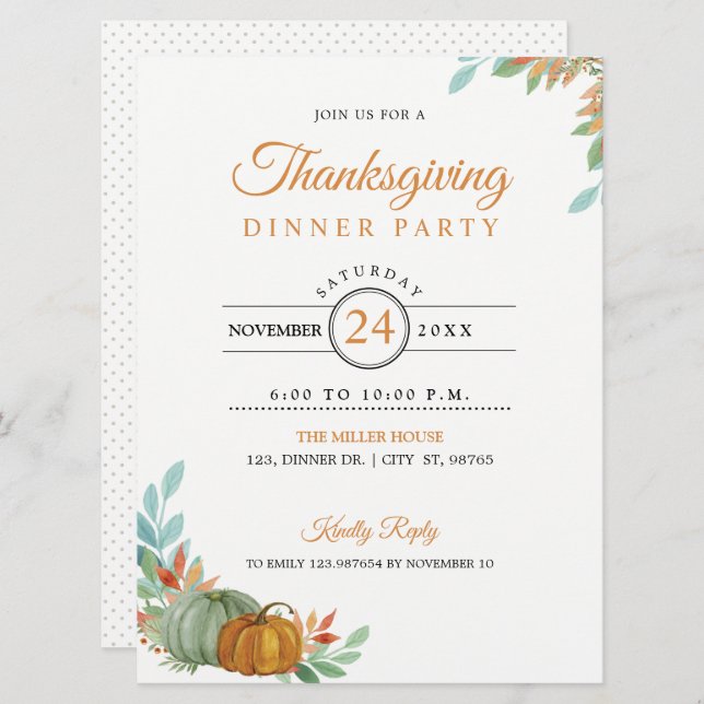 Carte d'invitation pour le dîner de Thanksgiving C (Devant / Derrière)