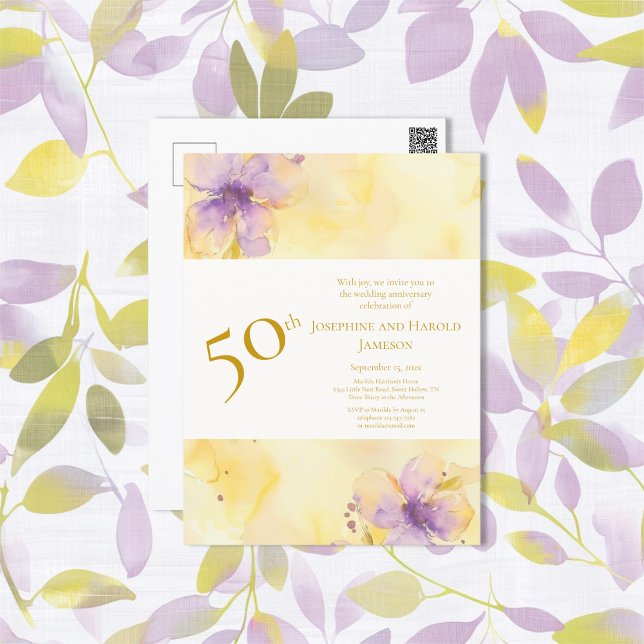 Carte d'invitation pour les 50 ans de mariage Viol (Violets Gold 50th Wedding Anniversary Invitation Postcard)