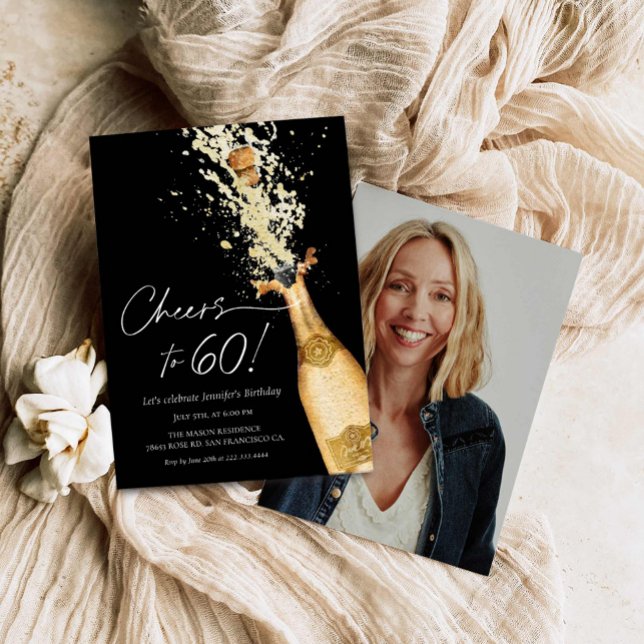 Carte d'invitation pour les 60 ans avec photo (60th Birthday Party Invitation Champagne Themed)