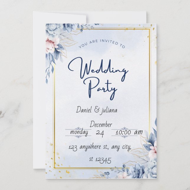 Carte d'invitation pour mariage Blue Gold Modern (Devant)