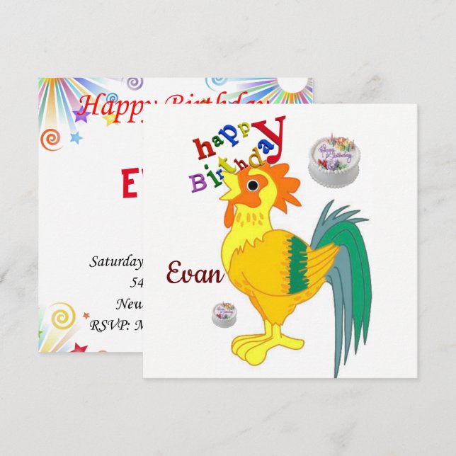 Carte d'invitation pour un anniversaire Coq (Devant / Derrière)