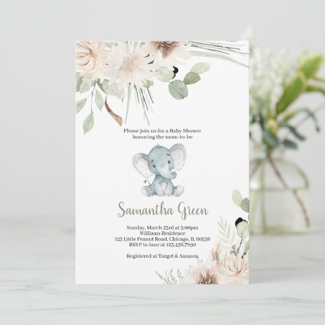 Carte d'invitation pour une baby shower éléphant n (Debout devant)
