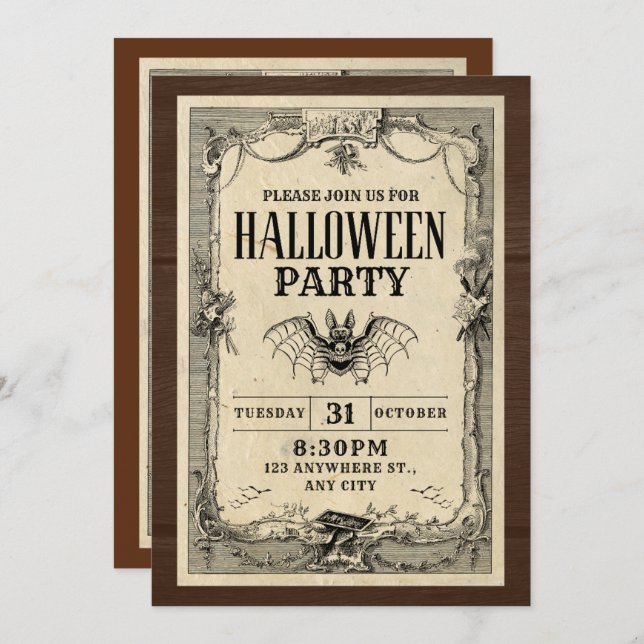 Carte d'invitation pour une soirée Halloween (Devant / Derrière)