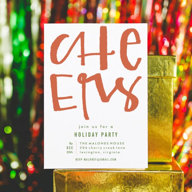 Carte d'invitation Red Cheers Holiday Party (Red hand lettered CHEERS holiday party invitation Christmas card.)