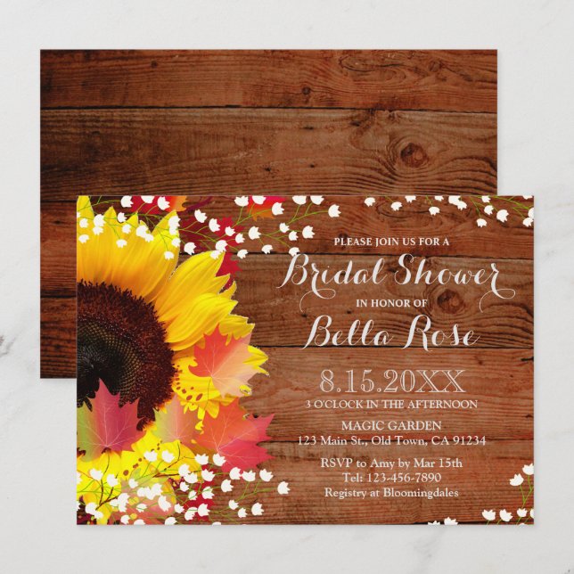 Carte d'invitation Rustique Sunflower Bridal (Devant / Derrière)