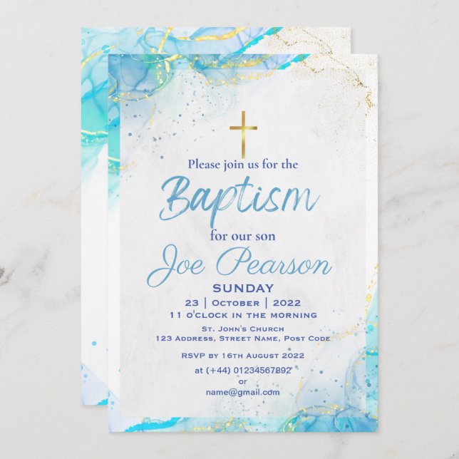 Carte d'invitation stylish Blue Son Baptême (Devant / Derrière)