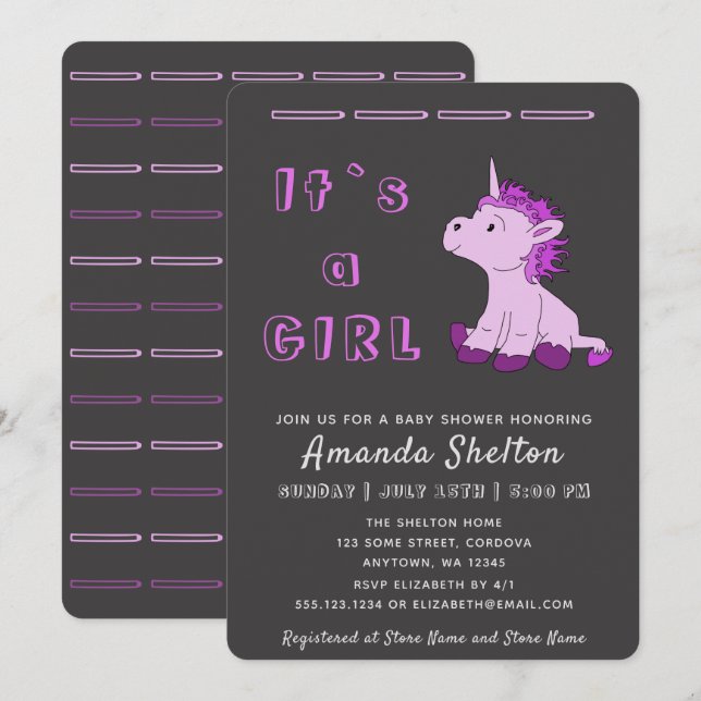 Carte d'invitation Unicorn rose bébé fille douche (Devant / Derrière)
