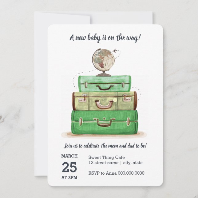 Carte d'invitation verte Baby shower de voyage (Devant)