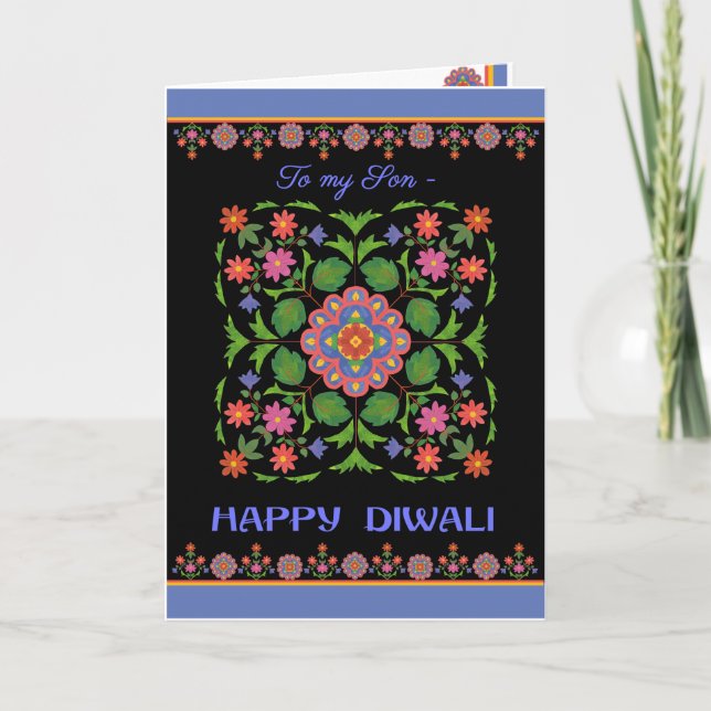 Carte Diwali pour un fils, Motif Rangoli en noir (Devant)